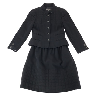美品 CHANEL シャネル キルティング ココマーク タン カール ラガーフェルド作品 サイズ36 ブラック 黒 ウール セットアップ ジャケット スカート 601595 【中古】