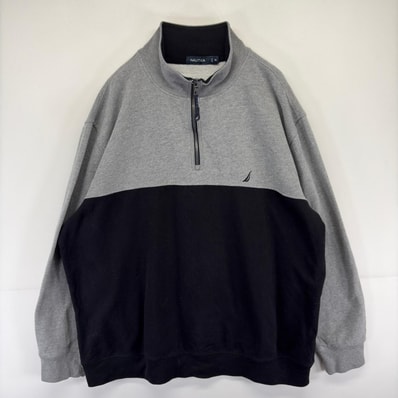古着 ノーティカ NAUTICA スウェット ハーフジップ 大きいサイズ プルオーバー ワンポイント刺繍ロゴ 3XL ブラック系 メンズ