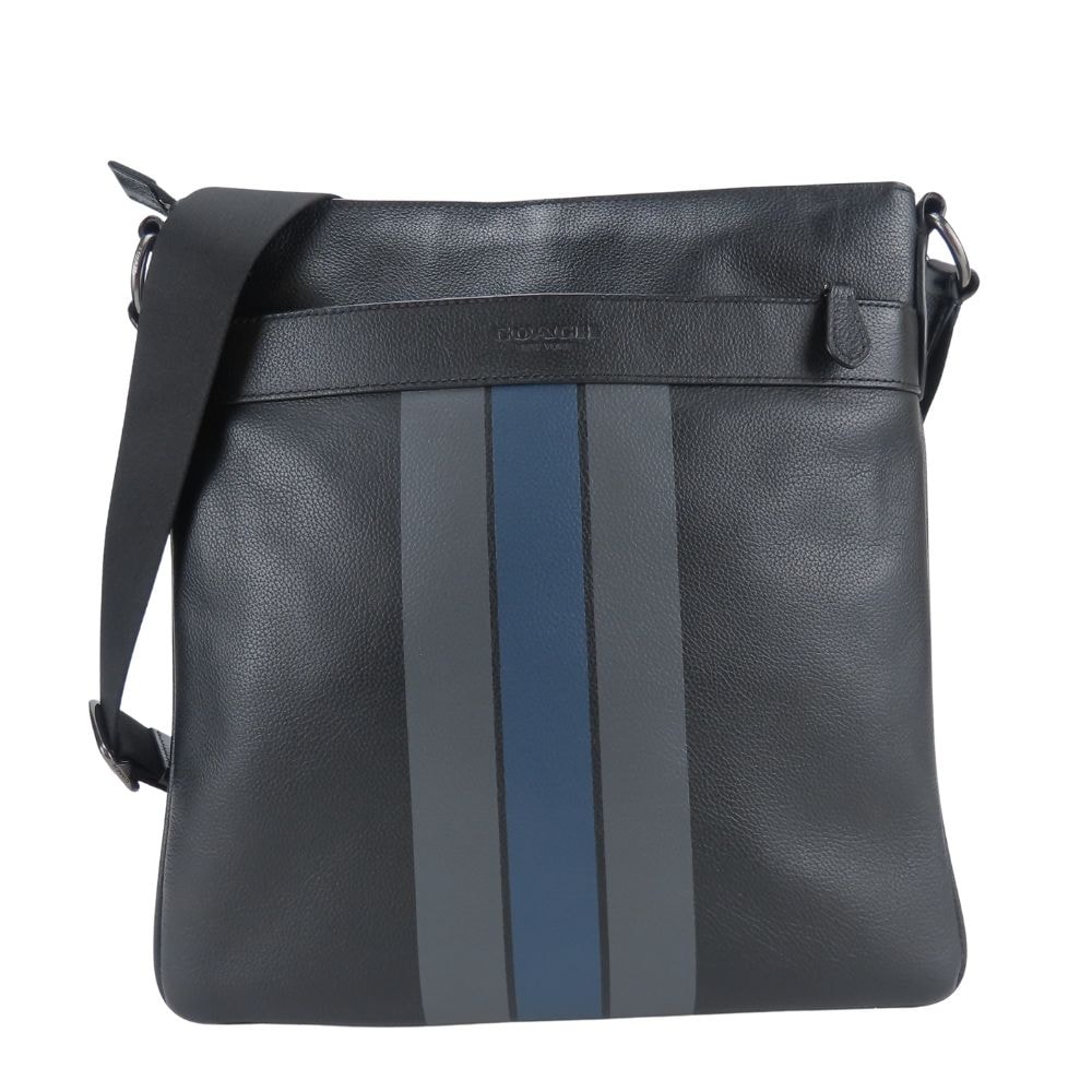 【中古】 コーチ ショルダーバッグ F54193 レザー ブラック ネイビー グレー 斜め掛け ライン シンプル メンズ 男性 COACH