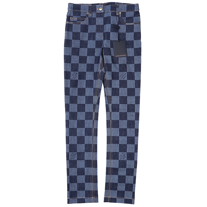 【未使用】LOUIS VUITTON ルイ・ヴィトン デニムパンツ サイズ 36 レディース 市松模様 RW192W ロゴ レザーパッチ ボトムス タグ付属 ブルー系 青 イタリア製