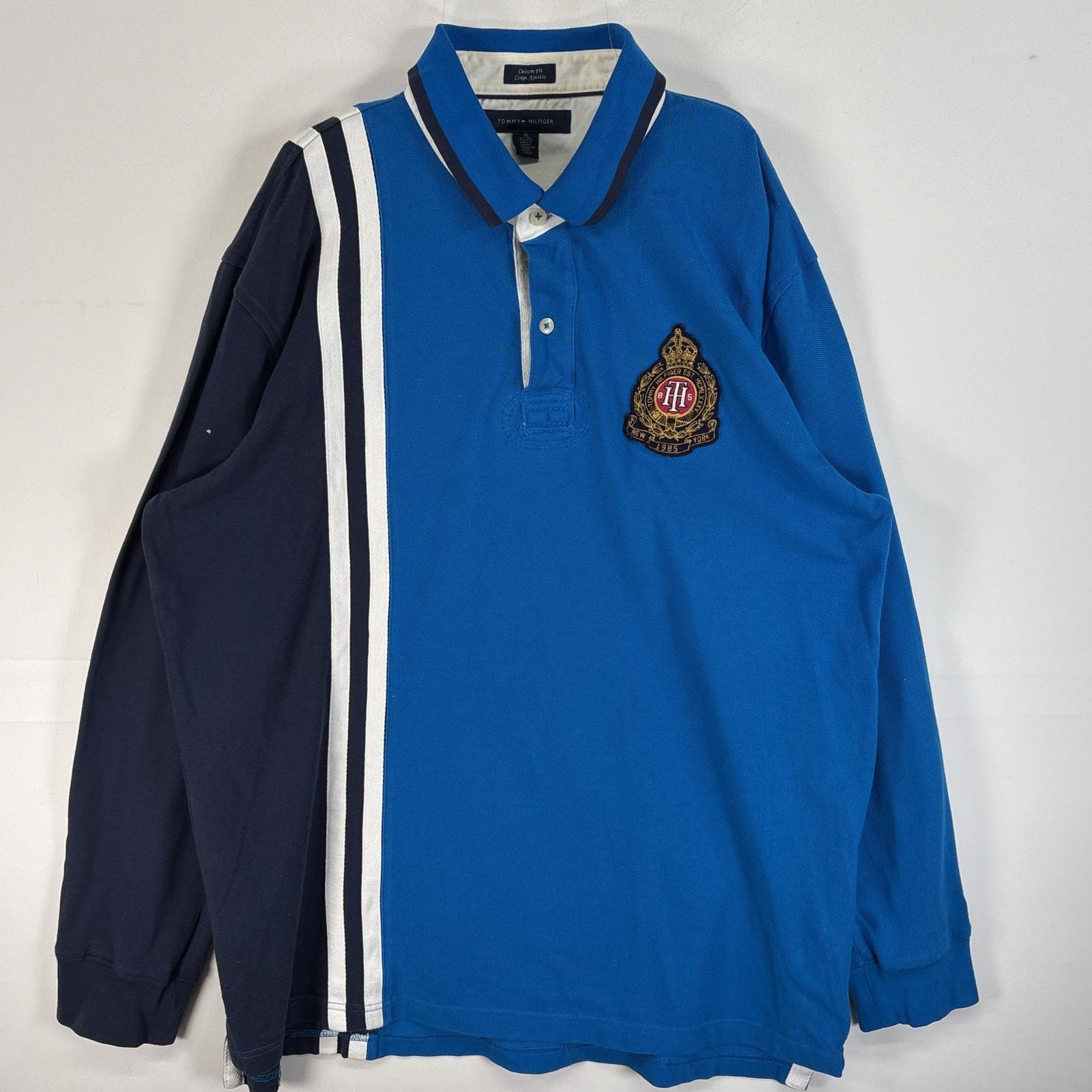 古着 トミーヒルフィガー TOMMY HILFIGER 鹿の子 長袖 ポロシャツ ロゴ エンブレム ラガーシャツ風 2ボタン 大きいサイズ XL  ブルー系 マルチカラー メンズ