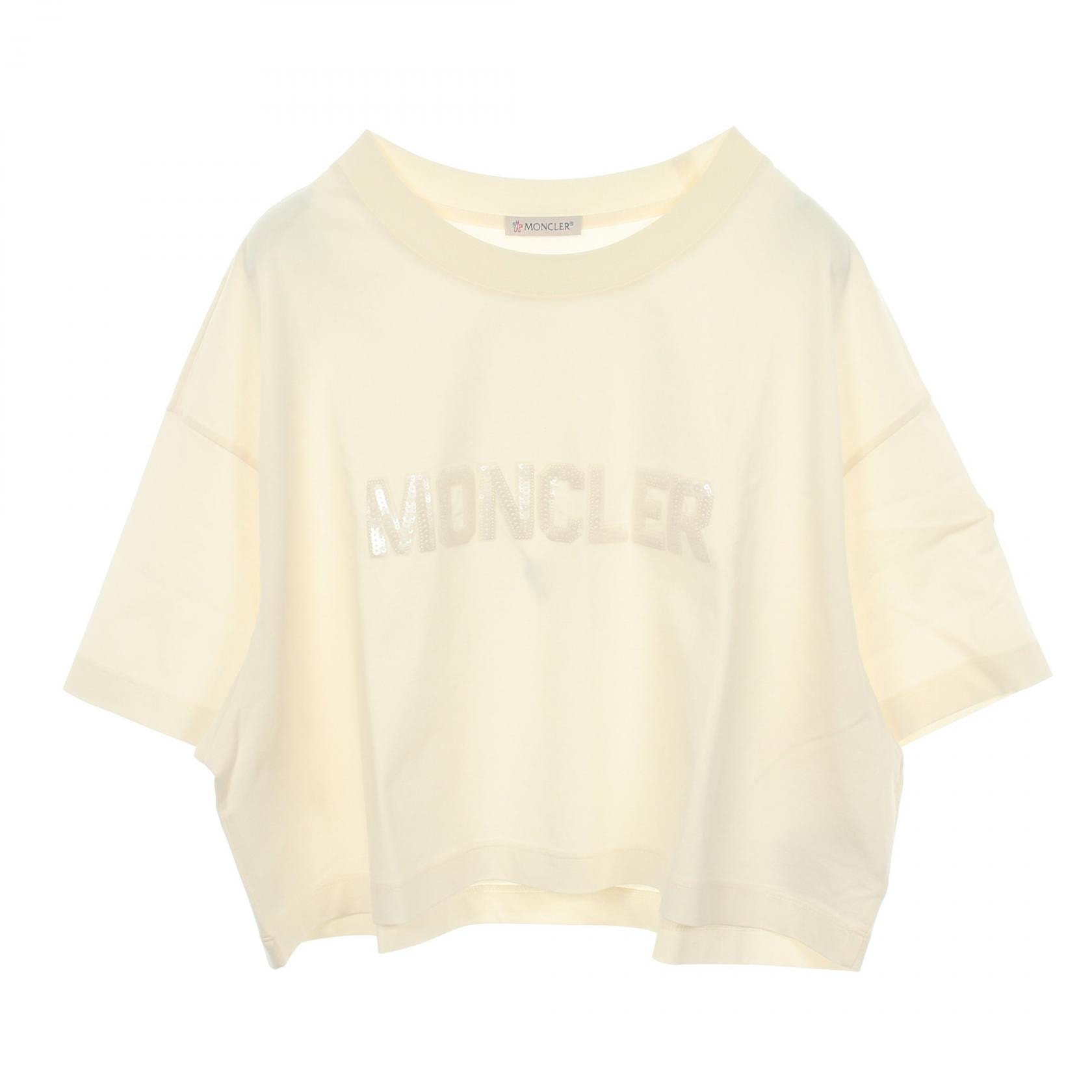 モンクレール MONCLER スパンコールロゴ クロップド 半袖Tシャツ 衣料品 トップス コットン レディース ホワイト系 【中古】