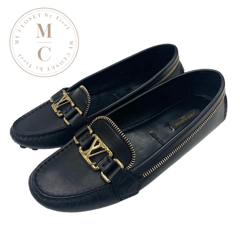 ルイヴィトン LOUIS VUITTON フラットシューズ 靴 シューズ レザー ブラック 黒 ゴールド ロゴ ドライビングシューズ ジップデザイン