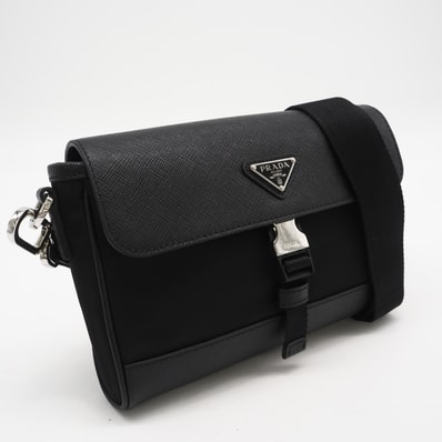 極美品 PRADA プラダ テスートサフィアーノ Re-Nylon ショルダーバッグ 2VD053 ショルダーバッグ ブラック ナイロン サフィアーノ メンズ