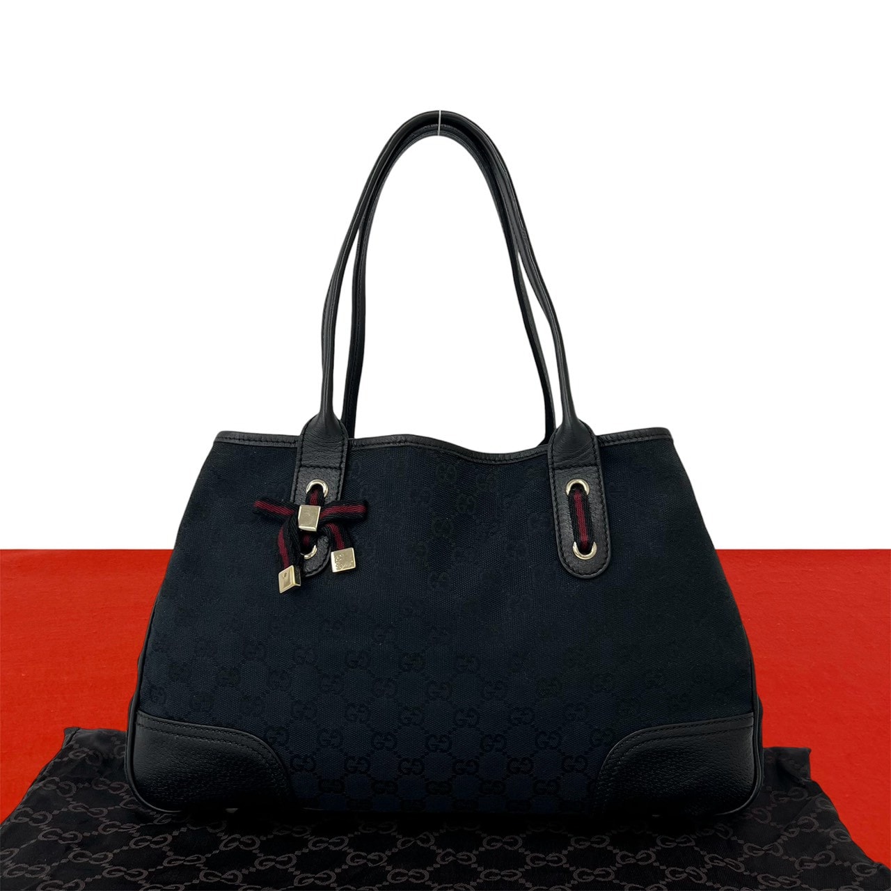 GUCCI グッチ シェリーライン GG 柄 キャンバス レザー トートバッグ ブラック
 26392