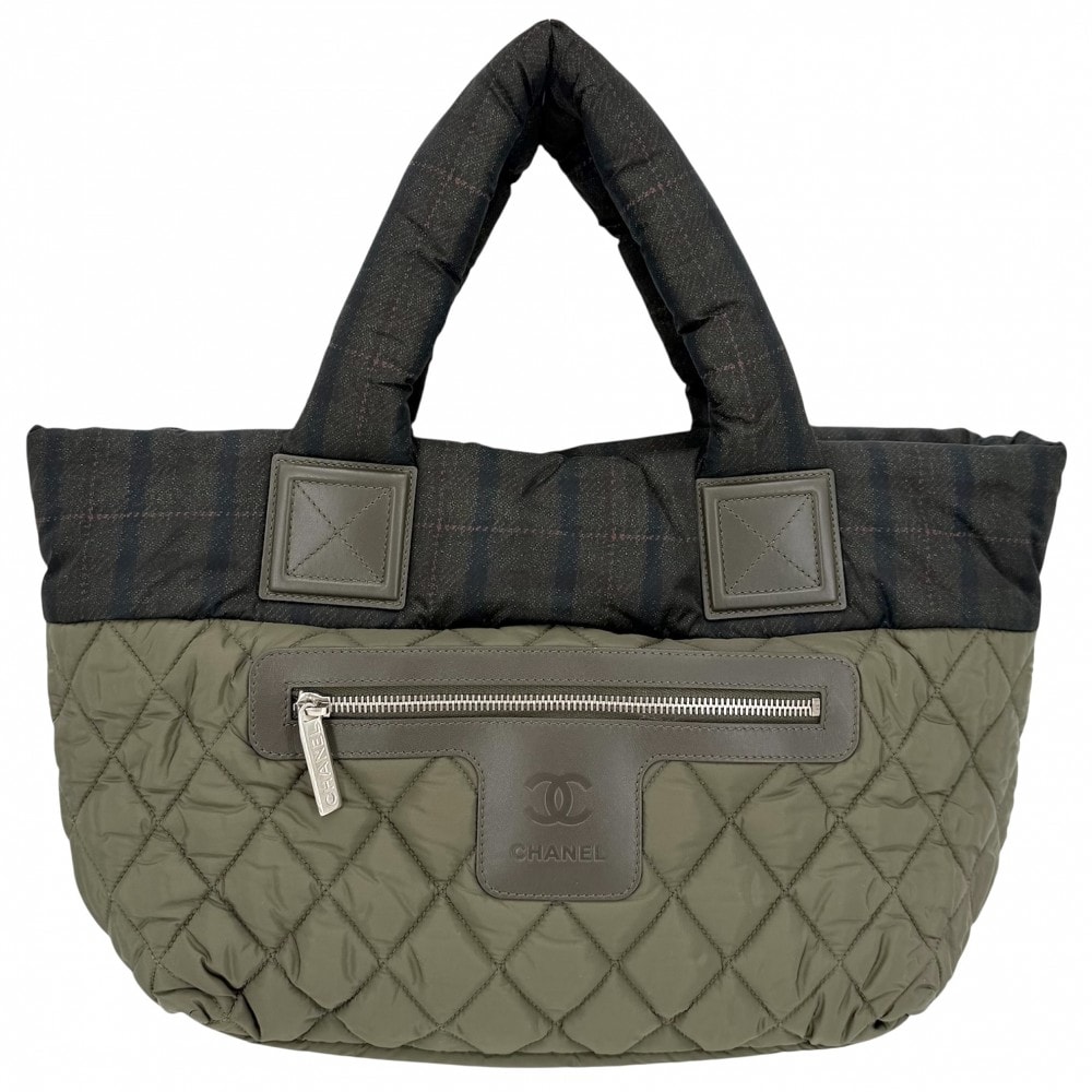CHANEL シャネル ハンドバッグ コココクーン リバーシブル トートバッグ ココマーク Coco Cocoon チェック マトラッセ レザー  ナイロン   カーキ グリーン 緑 シルバー金具 レディース 美品【中古品】