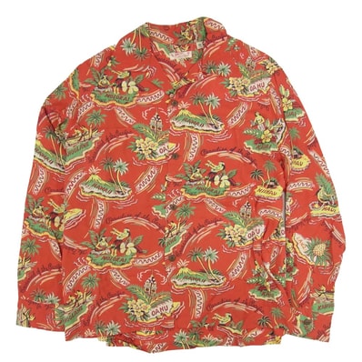 SUN SURF サンサーフ 長袖シャツ SS24439 PARADISE OF THE PACIFIC 総柄 レーヨン 長袖 アロハシャツ レッド系 M【中古】