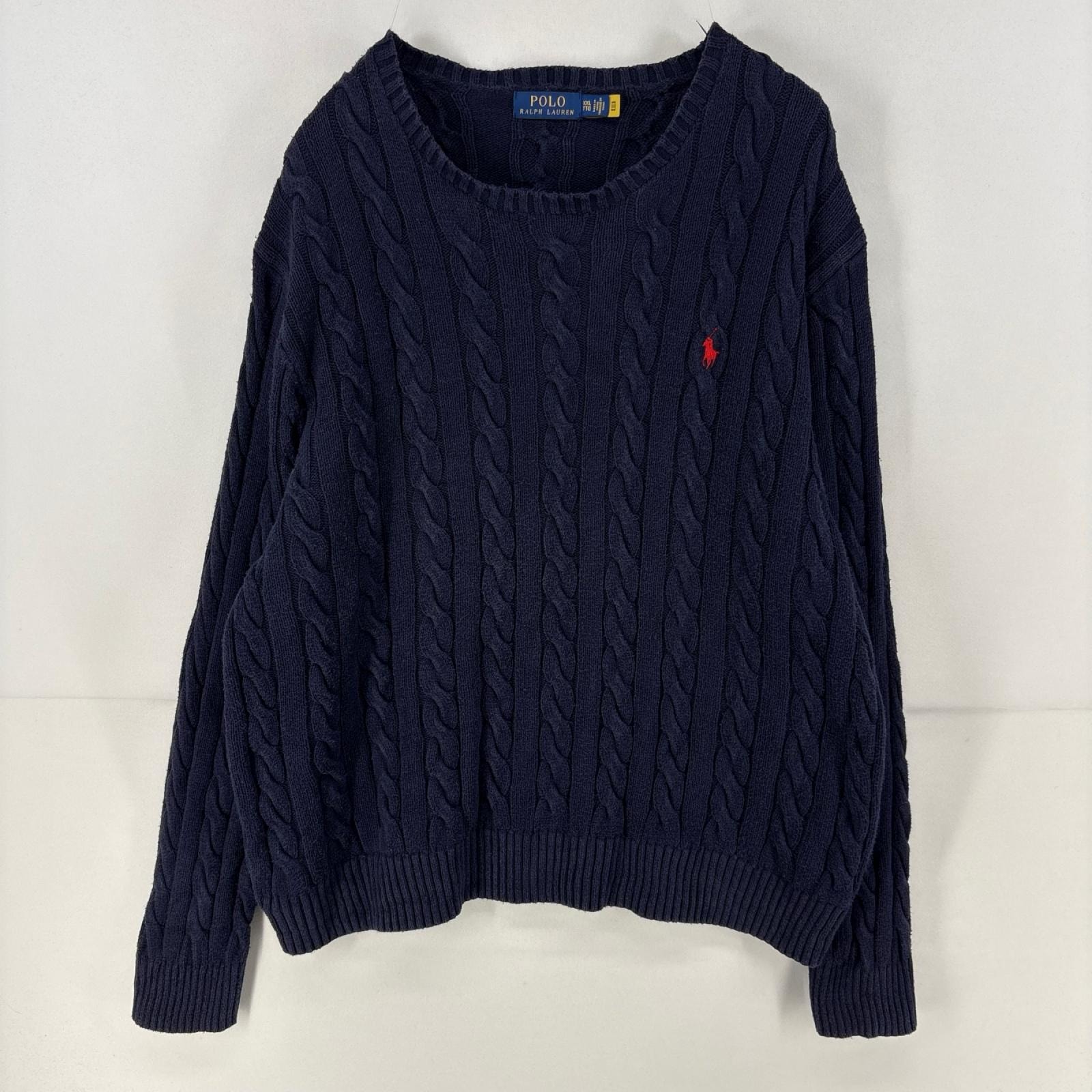 古着 ポロ・ラルフローレン POLO RALPH LAUREN ニット ケーブルニット ロゴ 刺繍 セーター 大きいサイズ 2XL ネイビー メンズ