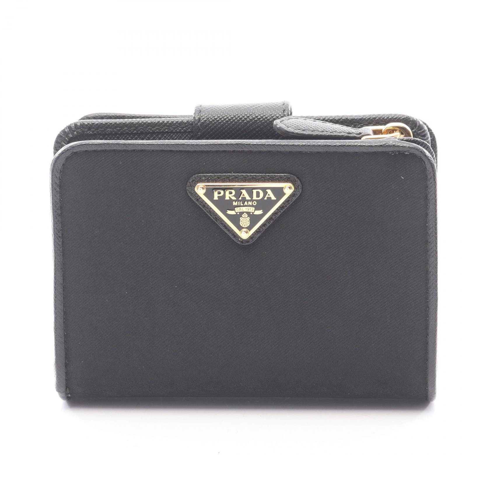 プラダ PRADA PORTAF PICCOLO LAMPO 二つ折り財布 財布 レザー ナイロンキャンバス レディース ブラック系 1ML018 【中古】