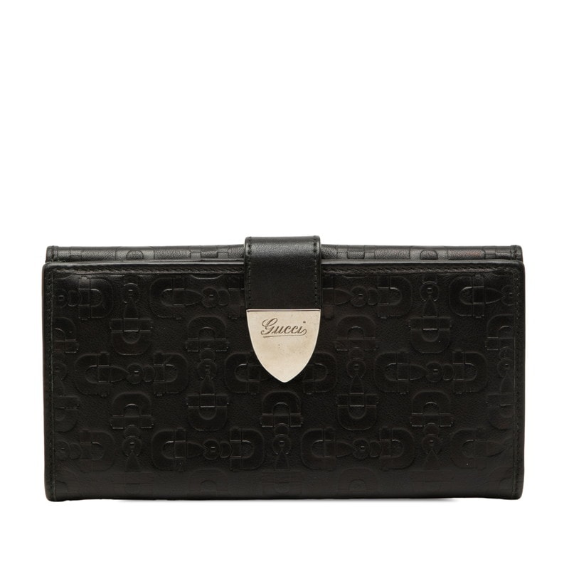 グッチ ホースビット柄 筆記体ロゴ 長財布 Wホック 231837 ブラック レザー レディース GUCCI 【中古】