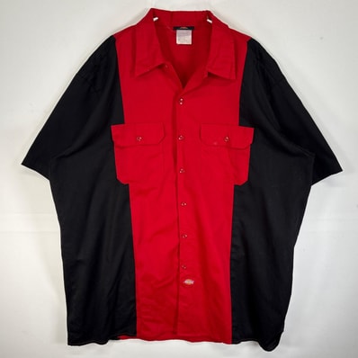 古着 ディッキーズ Dickies 半袖シャツ ワーク フラップポケ 大きいサイズ ワンポイント ロゴ 14041 レッド系 ツートン メンズ