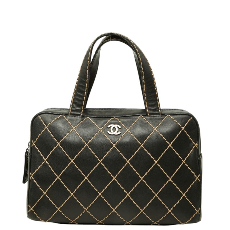 シャネル ココマーク ワイルドステッチ ハンドバッグ ミニ ボストンバッグ ブラック レザー レディース CHANEL 中古