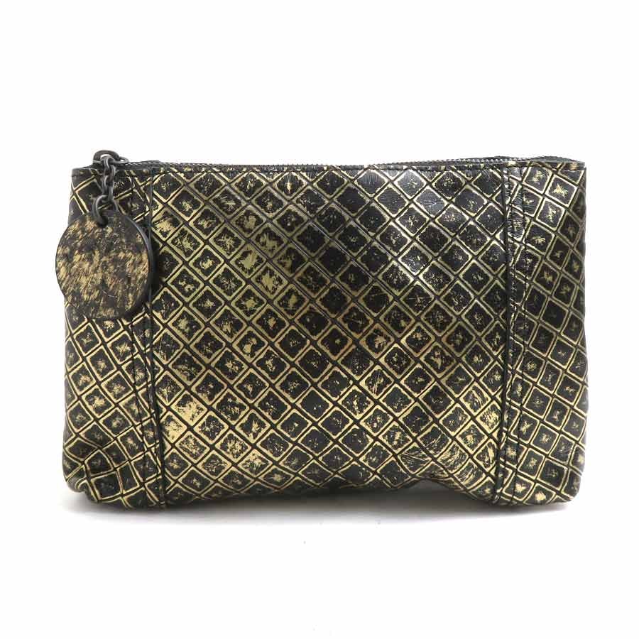 ボッテガヴェネタ BOTTEGAVENETA ポーチ イントレッチオ レザー ゴールド/ブラック レディース【中古】 e60878a