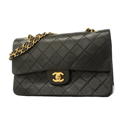 【6ge5907】シャネル ショルダーバッグ マトラッセ Wフラップ Wチェーン ラムスキン ブラック ゴールド金具【中古】レディース