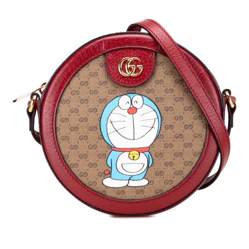 グッチ × ドラえもん ミニGGスプリーム ショルダーバッグ 625216 ブラウン レッド PVC レザー レディース GUCCI 中古