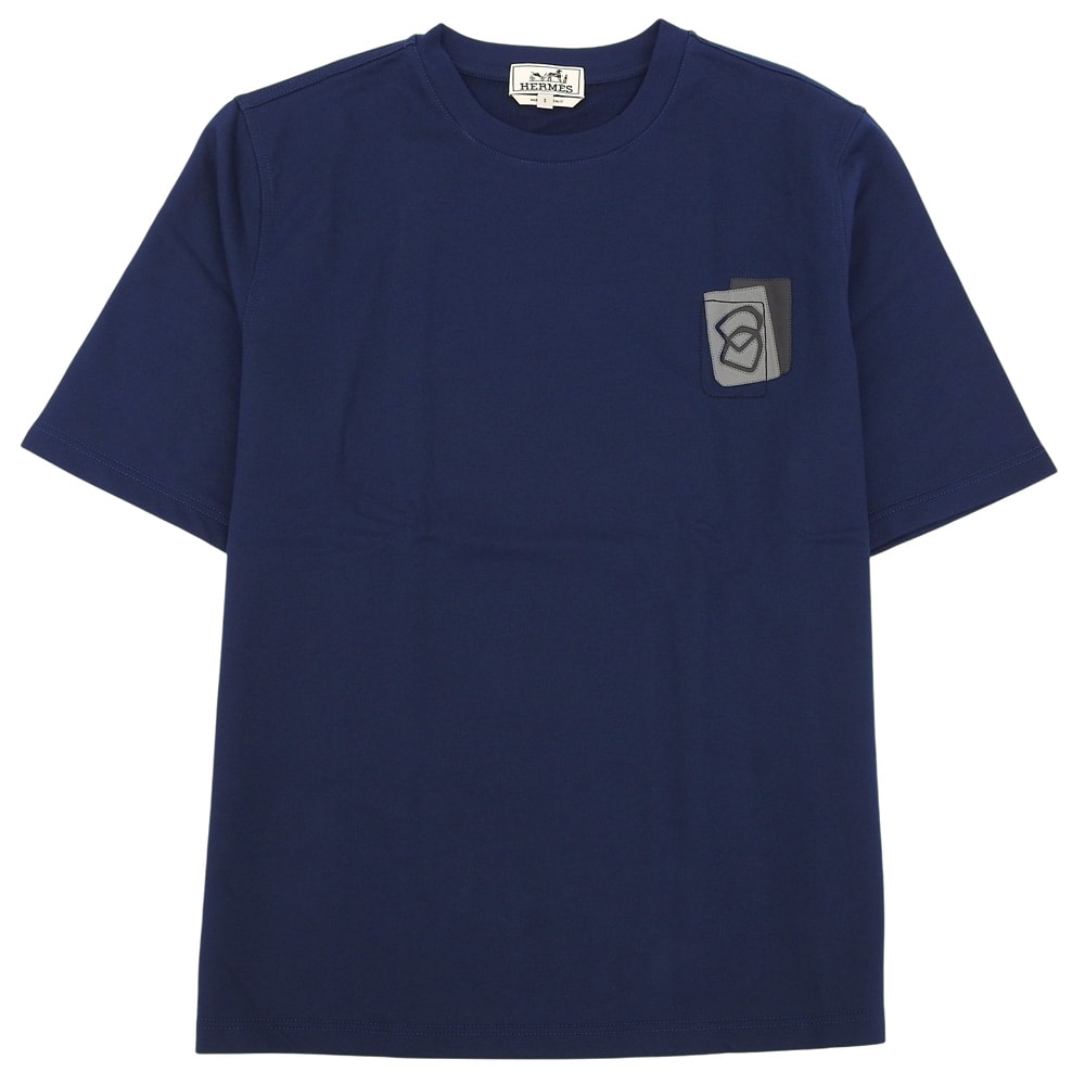 エルメス 新品同様 半袖 ショートスリーブ ミニレザーパッチ Tシャツ トップス メンズ ネイビー S 23AW S