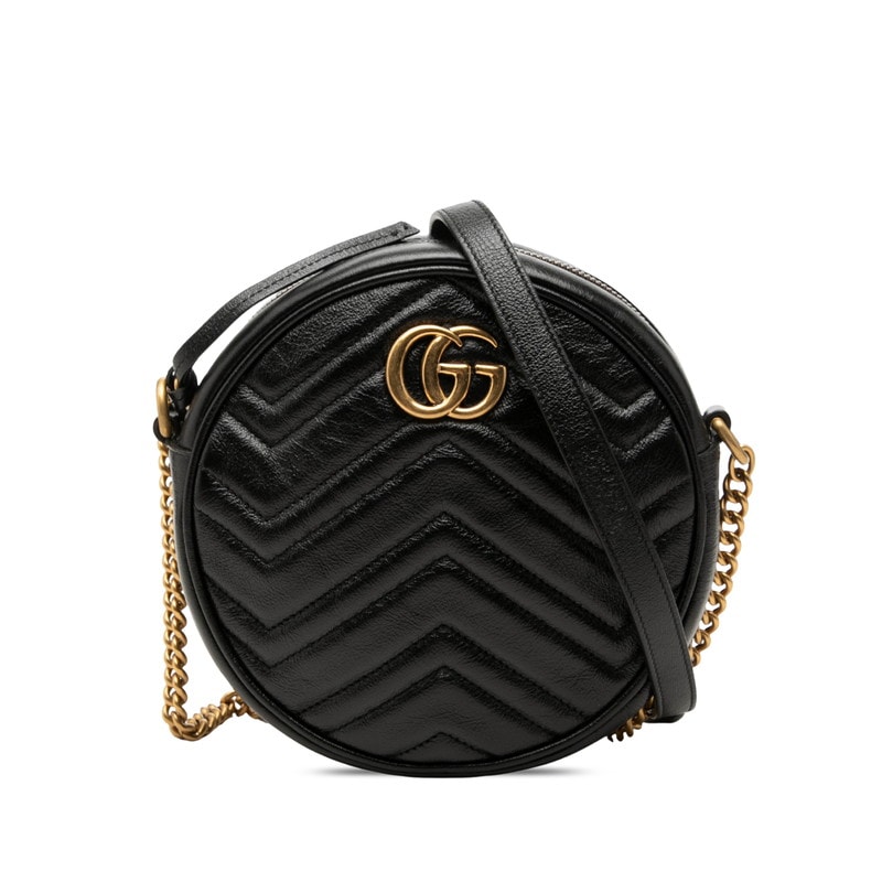 グッチ GGマーモント 斜め掛け チェーン ショルダーバッグ ラウンド 550154 ブラック レザー レディース GUCCI 中古