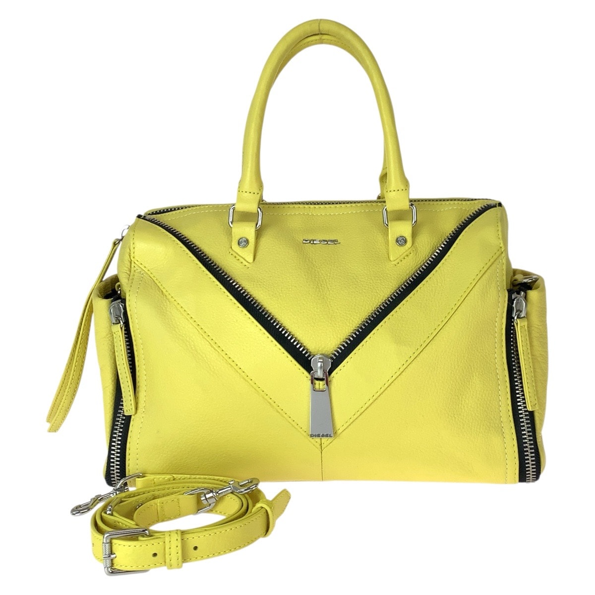 美品 DIESEL ディーゼル レ ジッパー 2way イエロー ブラック シルバー金具 レザー ショルダーバッグ トートバッグ 600750 【中古】