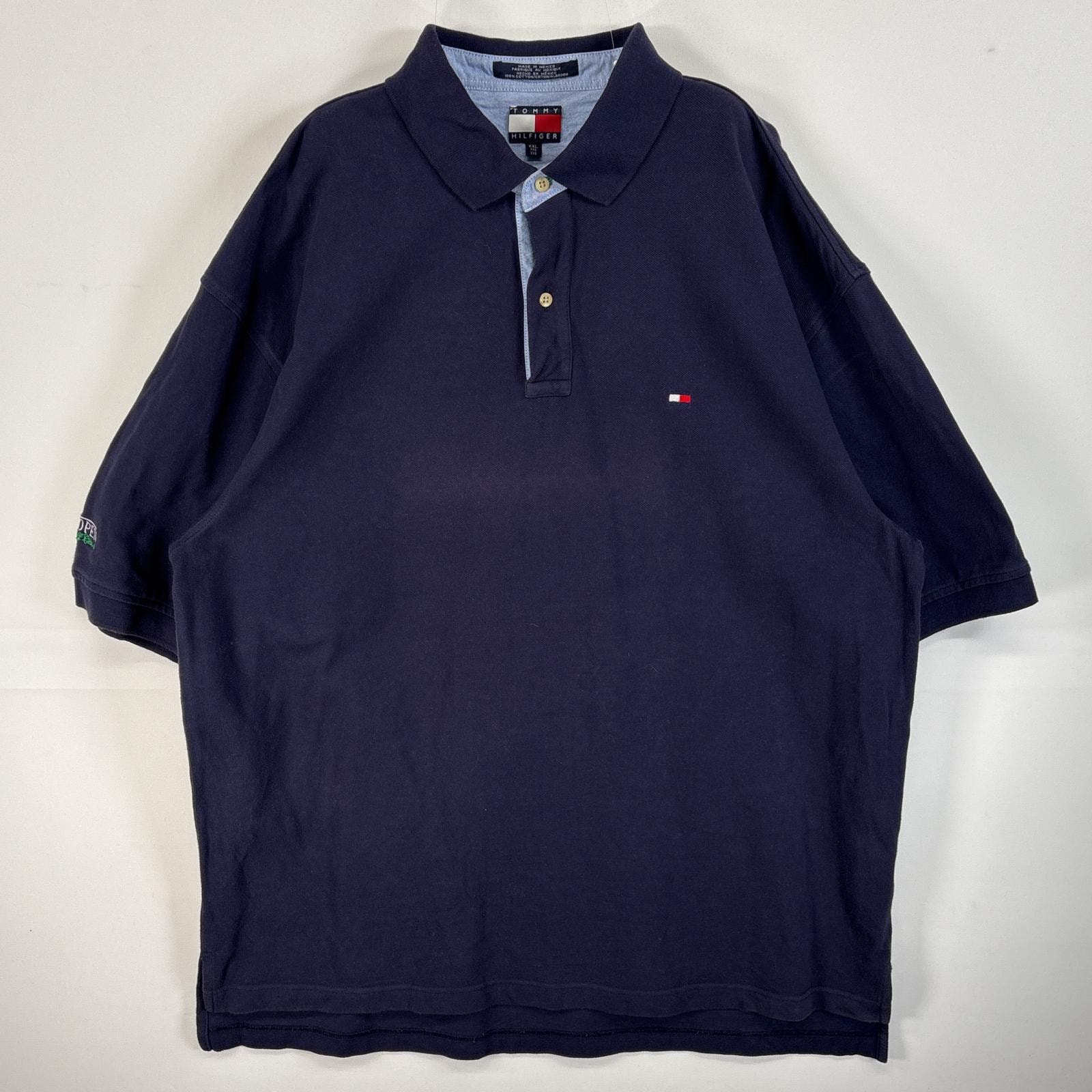 古着 90's/90年代 トミーヒルフィガー TOMMY HILFIGER 鹿の子 半袖 ポロシャツ ロゴ 刺繍 大きいサイズ フラッグタグ 14041  ネイビー 無地 メンズ