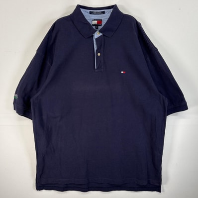 古着 90's/90年代 トミーヒルフィガー TOMMY HILFIGER 鹿の子 半袖 ポロシャツ ロゴ 刺繍 大きいサイズ フラッグタグ 14041 ネイビー 無地 メンズ