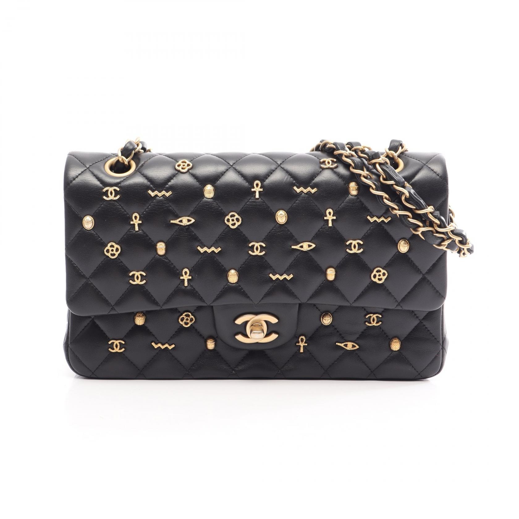 シャネル CHANEL マトラッセ エジプトチャーム Wフラップ ショルダーバッグ バッグ ラムスキン(羊革) レディース ブラック系 【中古】