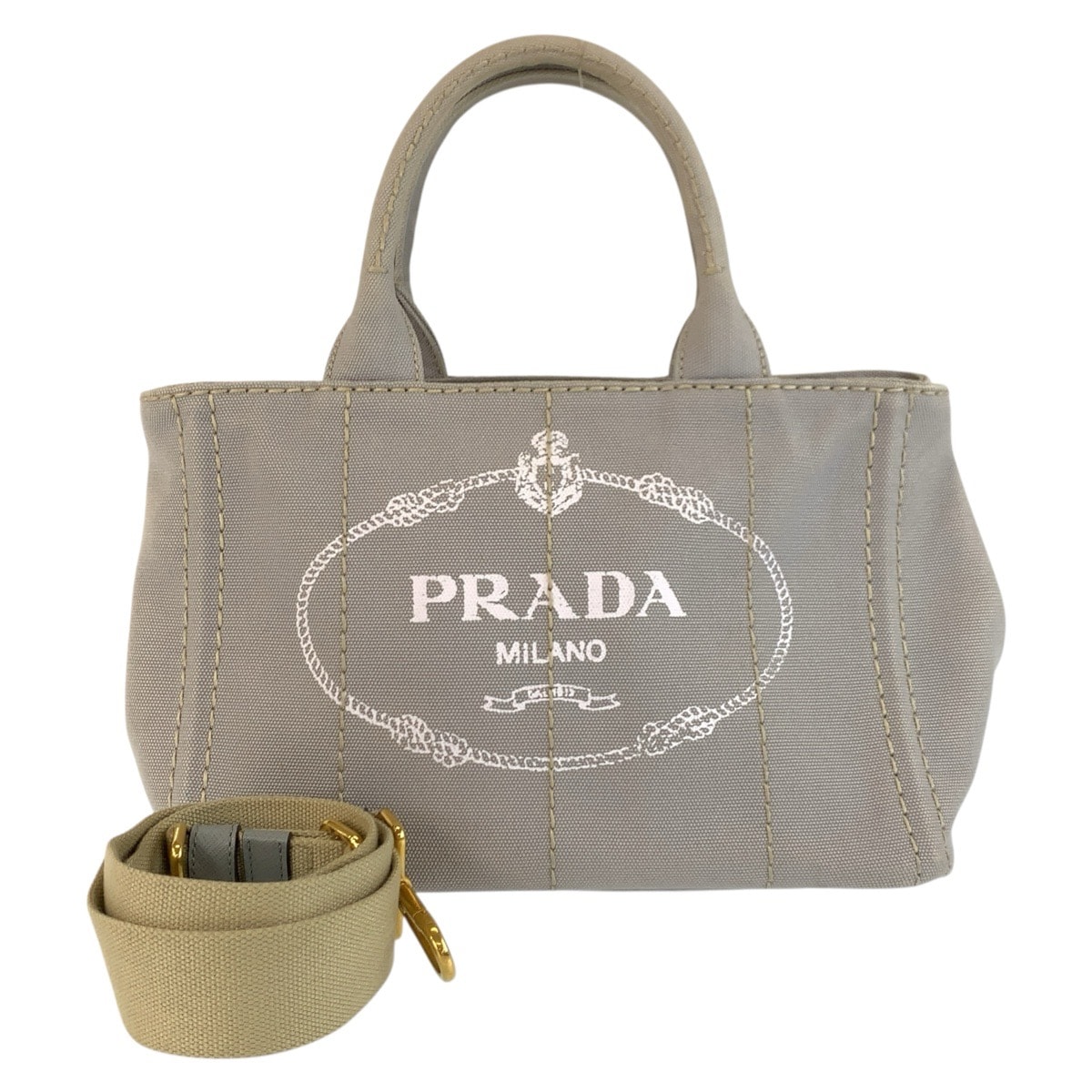 美品 PRADA プラダ カナパ 三角ロゴプレート グレー ゴールド金具 キャンバス トートバッグ ショルダーバッグ 2way 603468 【中古】