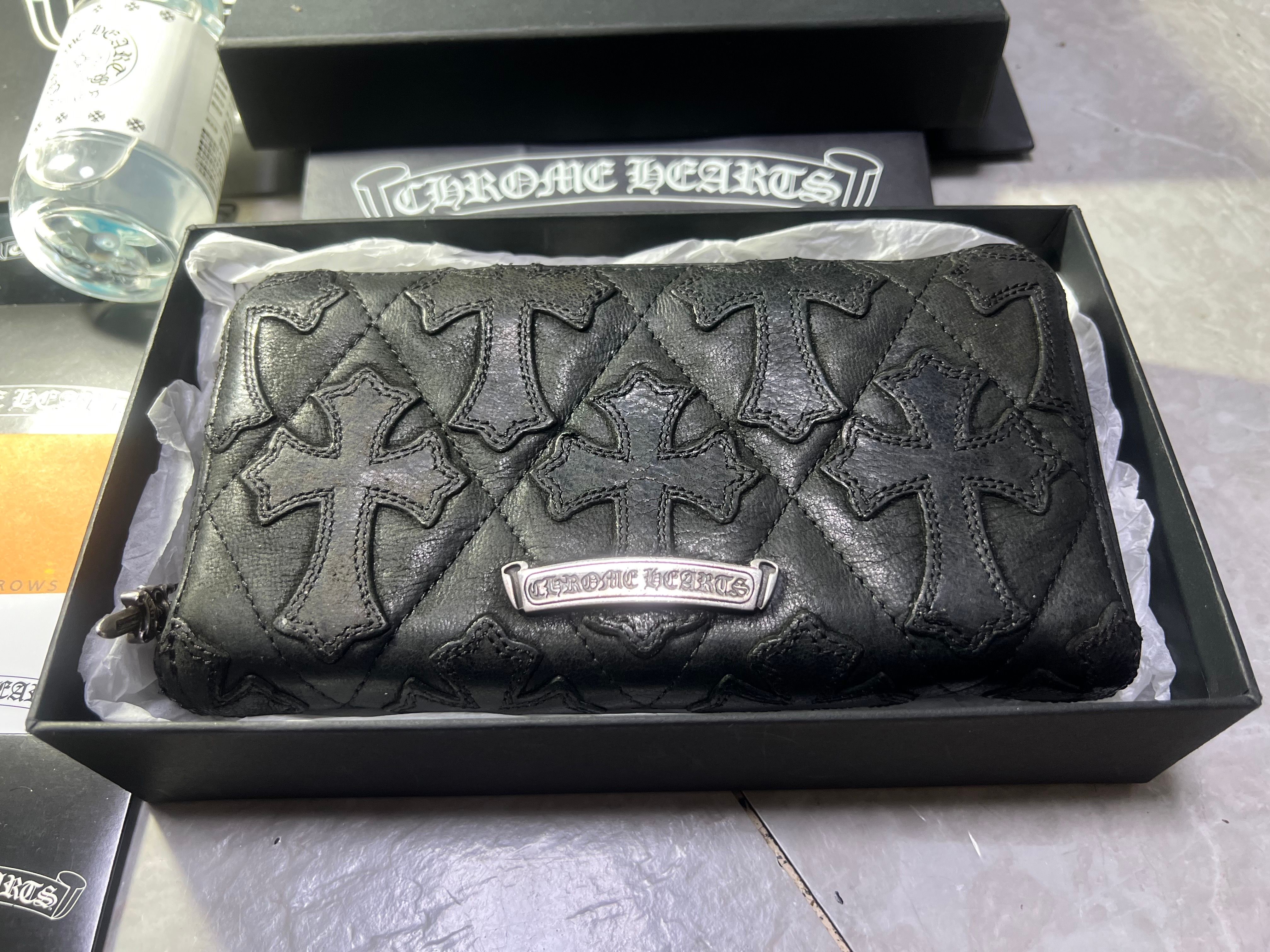 Chrome Hearts REC F Zip Cemetary Cross Quilted Destroy Leather Wallet "Black"
