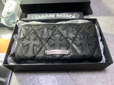 Chrome Hearts REC F Zip Cemetary Cross Quilted Destroy Leather Wallet "Black"