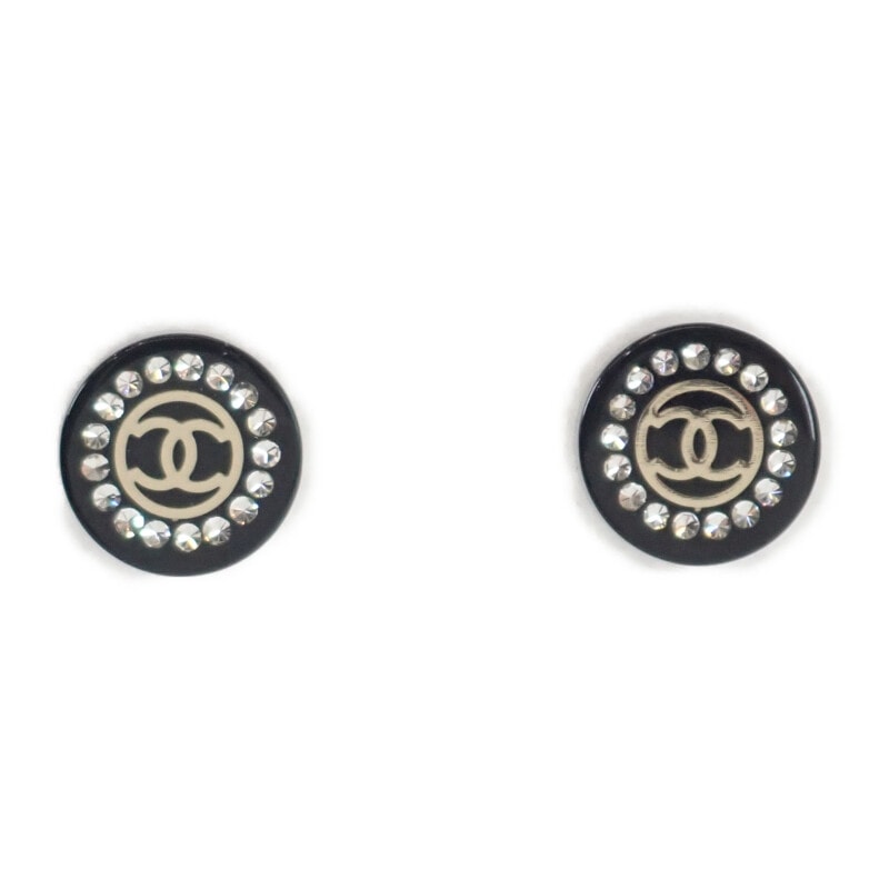 シャネル CHANEL CC ラウンド 17A ピアス ラインストーン ブラック シルバー金具 レディース【中古】【ABランク】