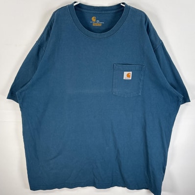 古着 カーハート Carhartt 半袖Tシャツ ワンポイント ロゴ 大きいサイズ 胸ポケ 2XL ブルー系 無地 メンズ