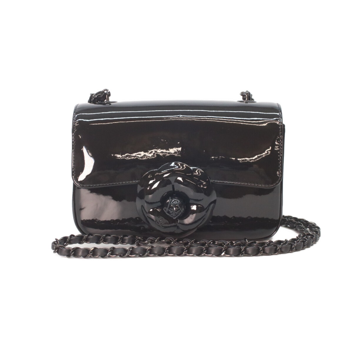 シャネル AS4388 ソーブラック シングルフラップ パテント カメリア スモールチェーンバッグ W20