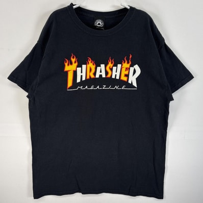 古着 スラッシャー THRASHER 半袖Tシャツ ラバープリント ファイヤーデザイン スケボー L ブラック メンズ