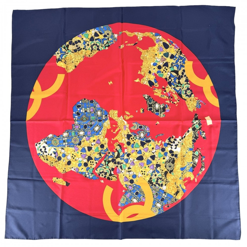 CHANEL シャネル スカーフ ココマーク ファッションアイテム 大判 小物 アクセサリモチーフ シルク    ネイビー 紺 レッド 赤 レディース 美品【中古品】