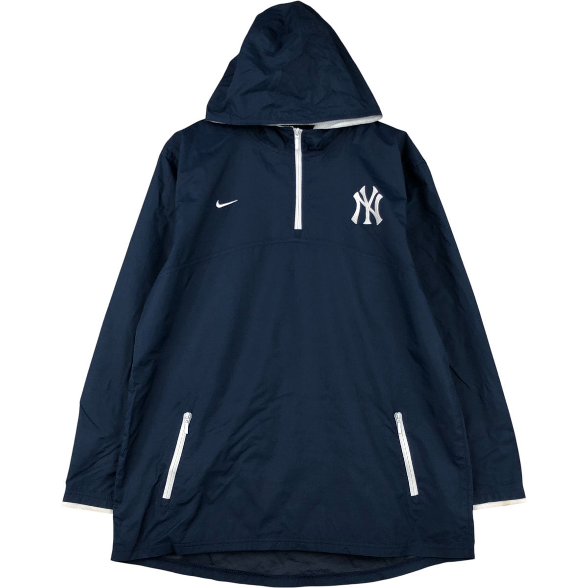 古着 00年代 ナイキ NIKE TEAM MLB NEW YORK YANKEES ニューヨークヤンキース ハーフジップ フード付き ウォームアッププルオーバー メンズXL相当/eaa612194