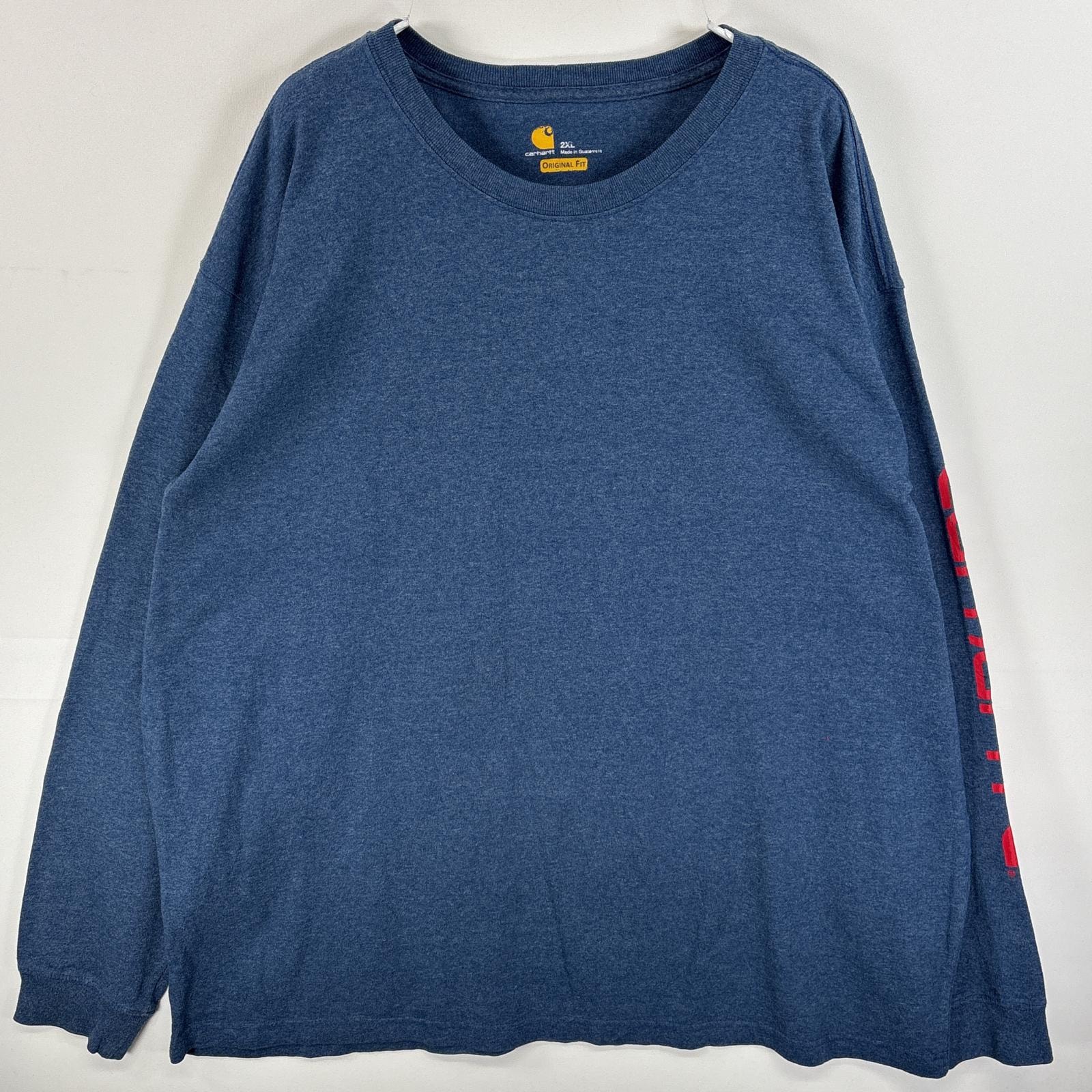 古着 カーハート Carhartt 長袖Tシャツ 袖プリント 混色生地 大きいサイズ 2XL  ブルー系 メンズ