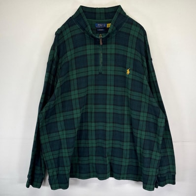古着 ポロ・ラルフローレン POLO RALPH LAUREN スウェット ハーフジップ チェック柄 ワンポイント トレーナー ニット 3XB グリーン メンズ