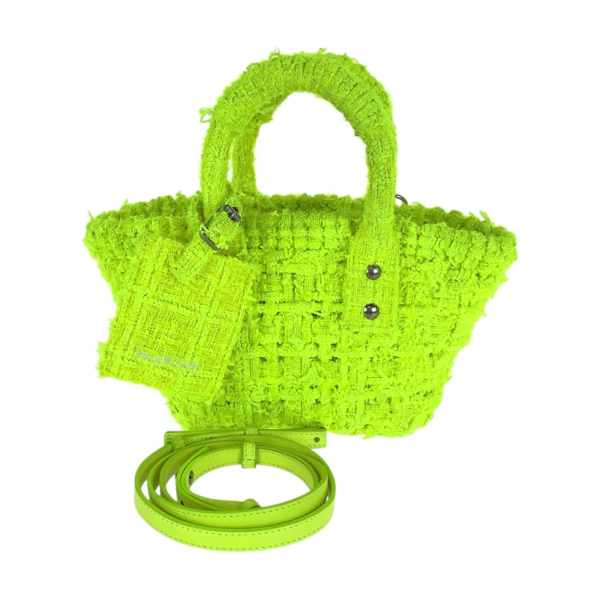 美品 BALENCIAGA バレンシアガ ビストロXXS ネオンイエロー シルバー金具 ツイード レザー/ ハンドバッグ ショルダーバッグ バスケット 506189 【中古】