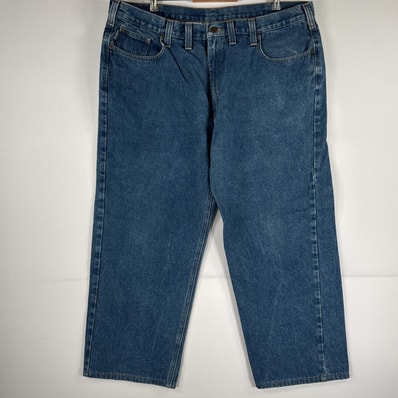 古着 カーハート Carhartt デニムパンツ ジーパン 5ポケット ワンポイント ロゴ ワークパンツ テーパード 大きいサイズ w44 L30 ブルー メンズ