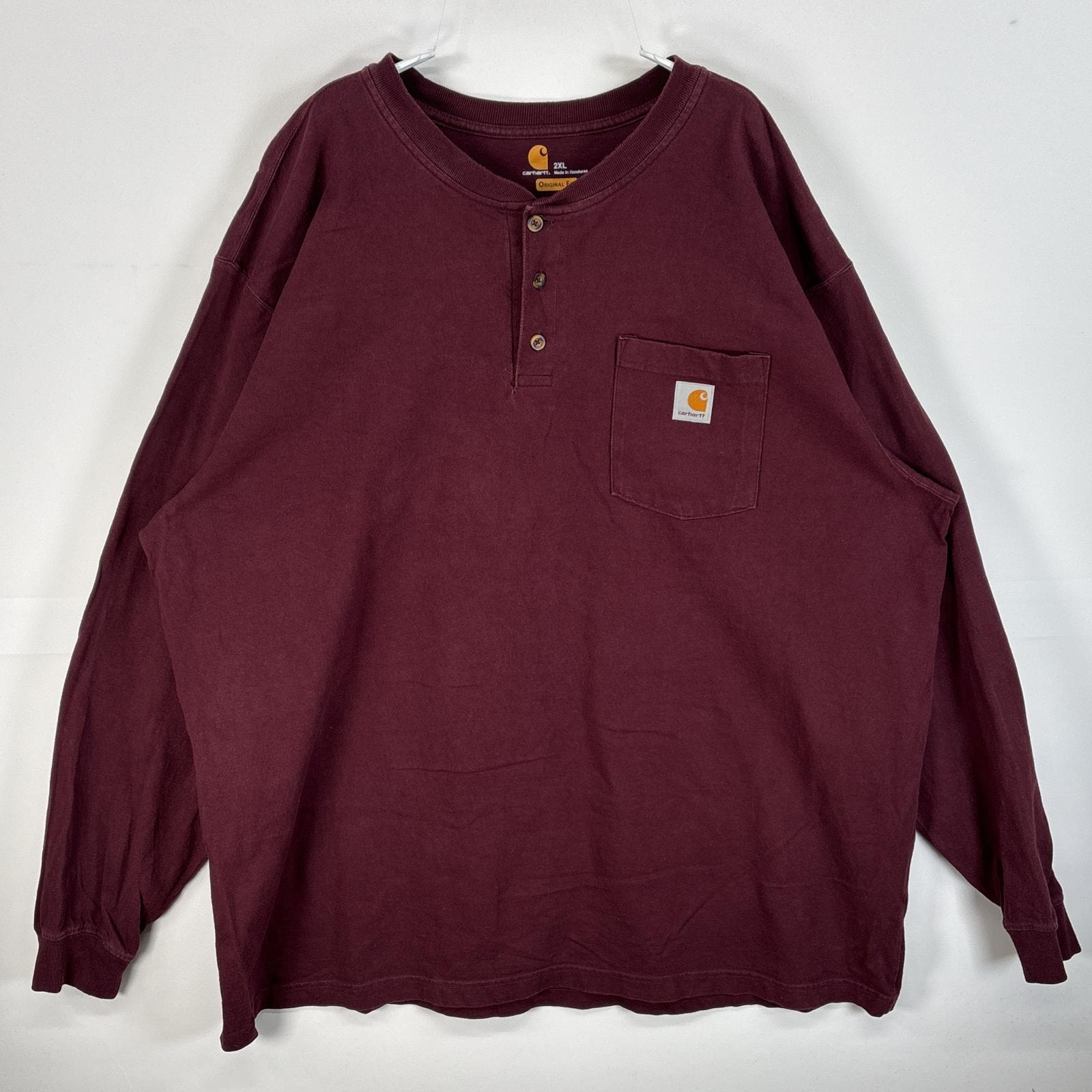 古着 カーハート Carhartt 長袖Tシャツ ヘンリーネック ワンポイント ロゴ 大きいサイズ 2XL  ワインレッド 無地 メンズ