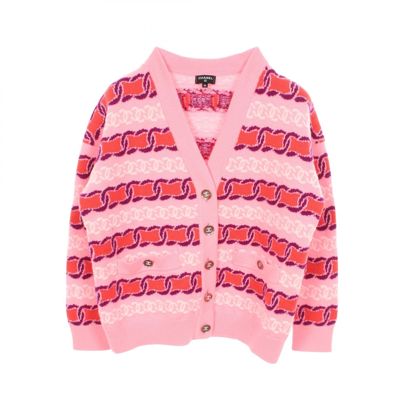 샤넬 CHANEL 코코 마크 브이넥 가디건 의류 탑 캐시미어 여성용 핑크/퍼플/화이트 P75774K10913 [중고]