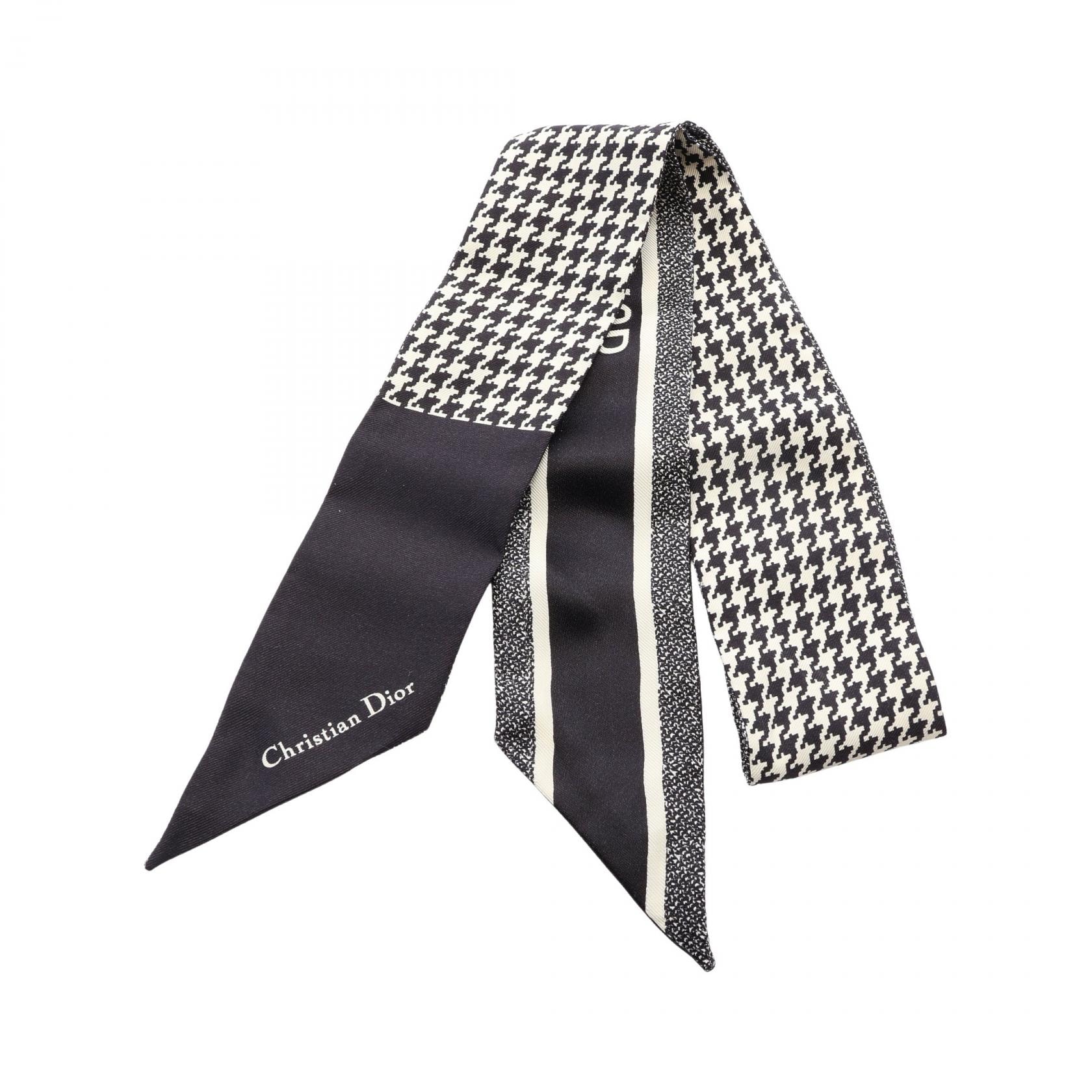 ディオール Dior ミッツァ 千鳥格子 リボン スカーフ 衣料品 シルク レディース ブラック系 / ホワイト系 【中古】