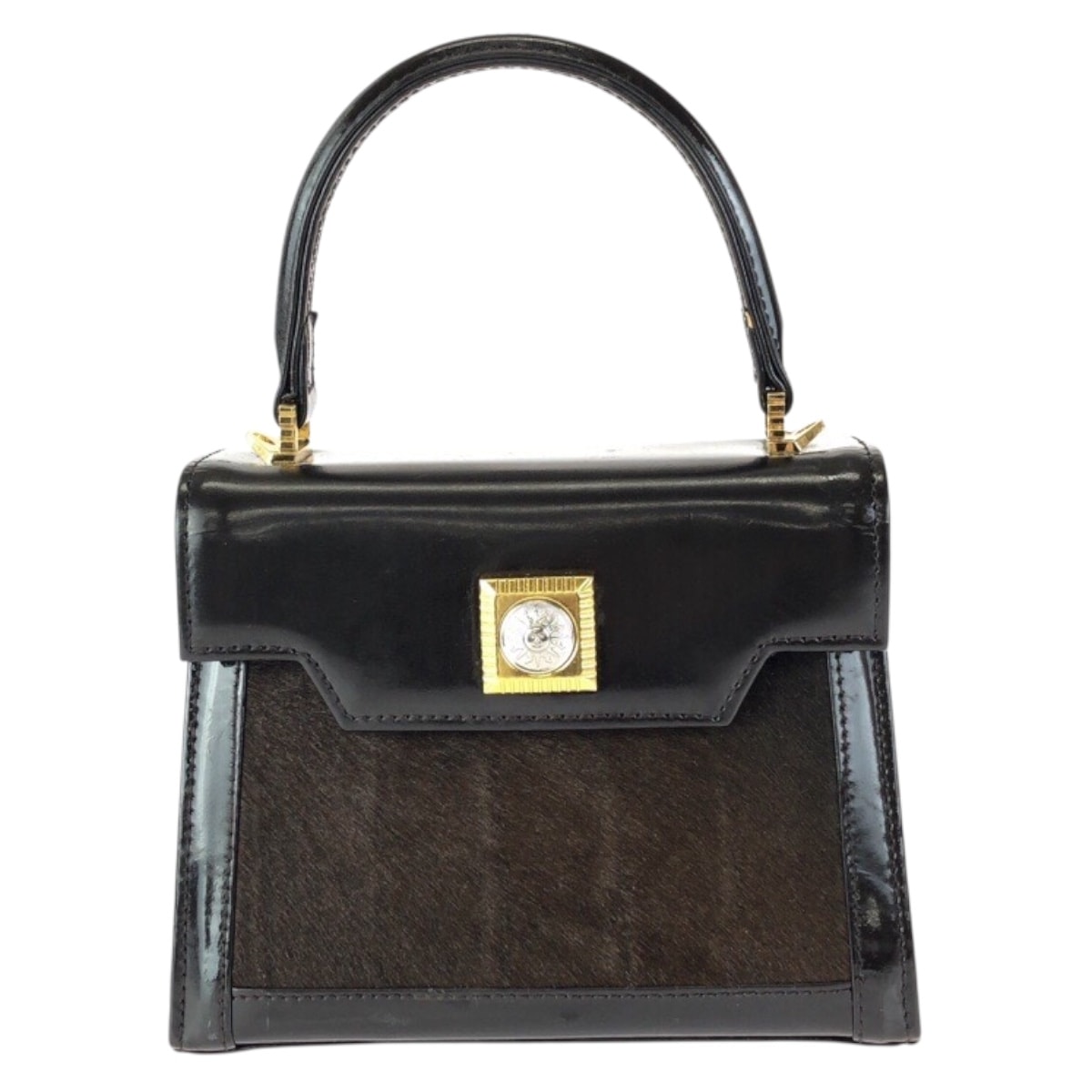 VERSACE ヴェルサーチ サンバースト ポニーヘア ダークブラウン ゴールド金具 エナメル ハラコ/ ハンドバッグ 600691 【中古】