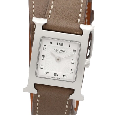 エルメス HERMES Hウォッチ ドゥブルトゥール 腕時計 時計 ステンレススチール レザーベルト レディース ホワイト系 HH1.210 【中古】