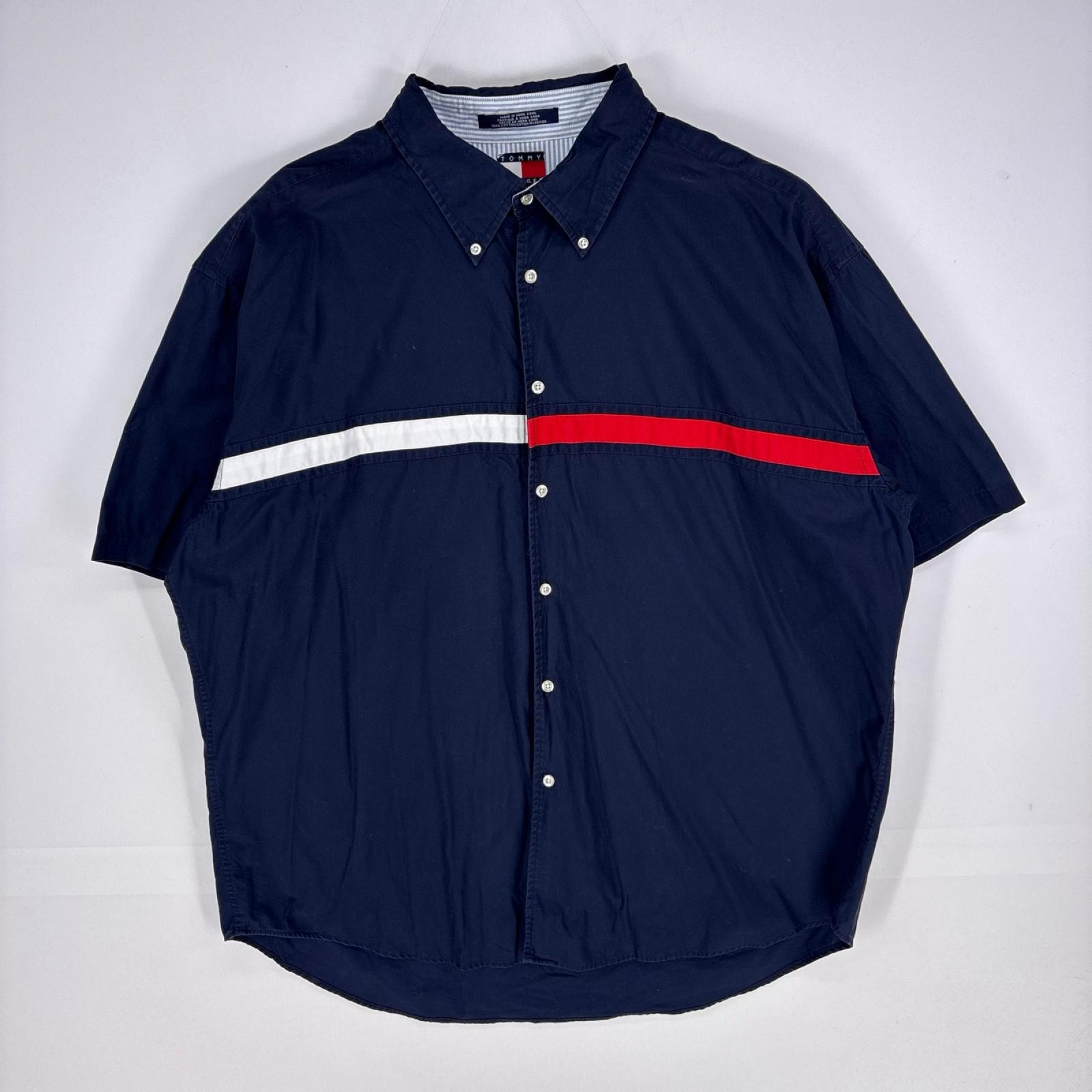 古着 トミーヒルフィガー TOMMY HILFIGER 半袖シャツ ボタンダウン ブランドロゴ ショートスリーブ 2XL  ネイビー系 メンズ