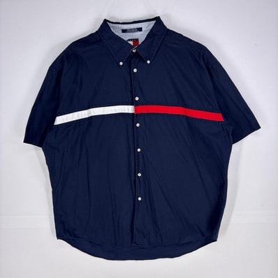 古着 トミーヒルフィガー TOMMY HILFIGER 半袖シャツ ボタンダウン ブランドロゴ ショートスリーブ 2XL ネイビー系 メンズ