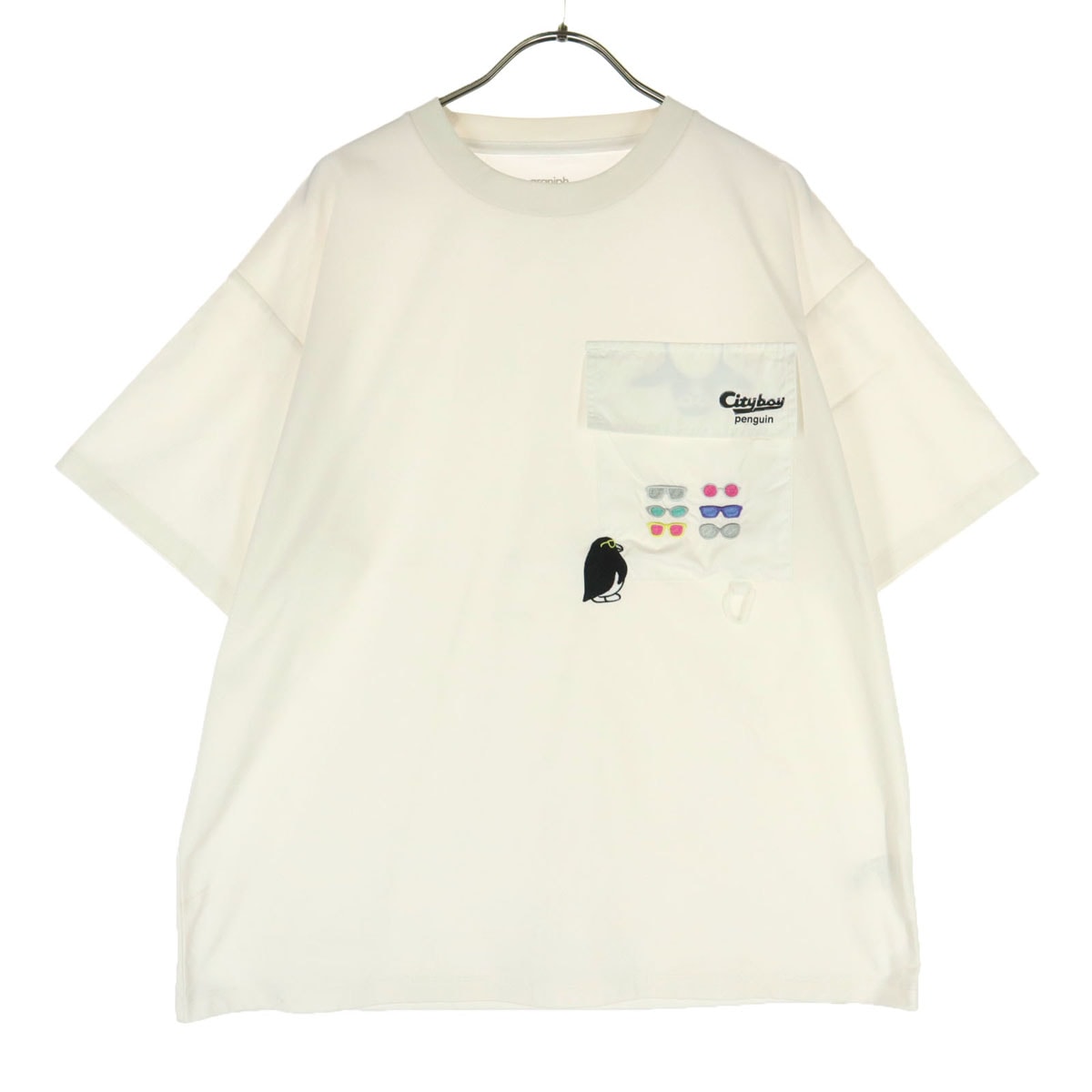 美品 graniph グラニフ ペンギン刺繍 半袖 シークレットフラップ Tシャツ M ホワイト オーバーサイズ