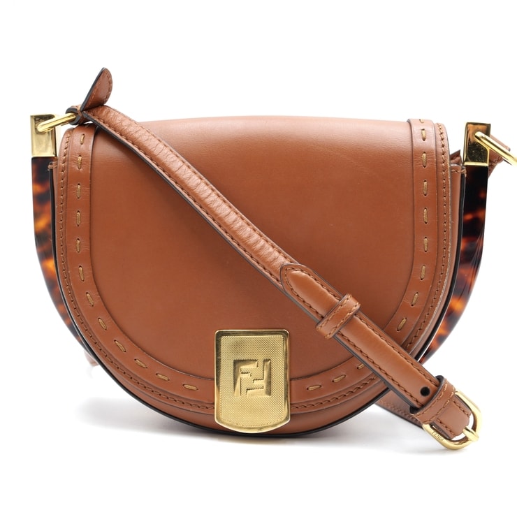 FENDI(フェンディ)ムーンライト Moonlight ショルダーバッグ ハーフムーン 半月型 ブラウン レザー べっ甲柄 ゴールド金具 斜め掛け レディース 8BT346【中古】