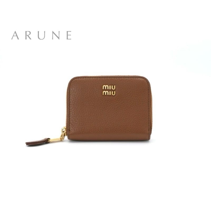 ミュウミュウ MIUMIU 財布 コインケース 小銭入れ ブラウン ゴールド ロゴ コンパクトウォレット ジップ コインパース カードケース