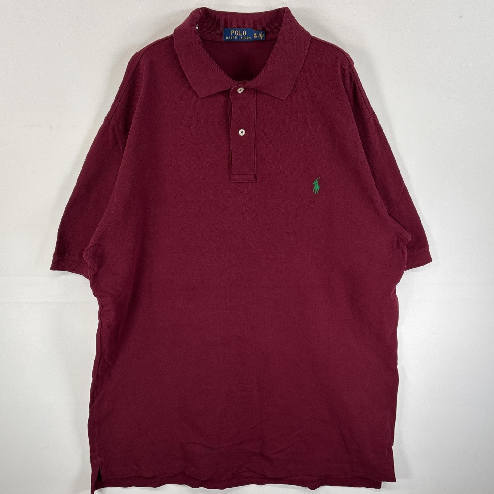 古着 ポロ・ラルフローレン POLO RALPH LAUREN 鹿の子 半袖 ポロシャツ ワンポイント ロゴ 刺繍 大きいサイズ 2ボタン XLT  ワインレッド 無地 メンズ