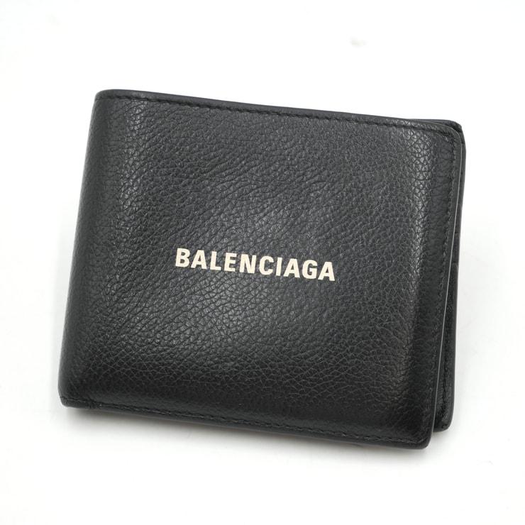 BALENCIAGA(バレンシアガ)CASH スクエア ウォレット 二つ折り財布 ブラック グレインレザー ロゴ メンズ【中古】
